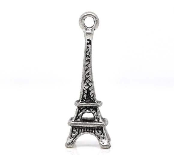Lot de 6 Breloques pendentifs monument Tour Eiffel en 3D en métal argenté 24x9mm