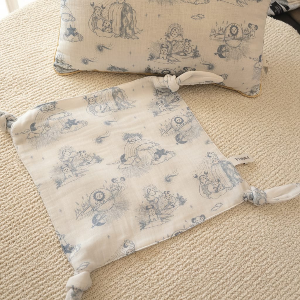 doudou bleu toile de jouy avec coussin pour cadeau de naissance bébé cadeau babayshower anniversaire et cadeau premier noel