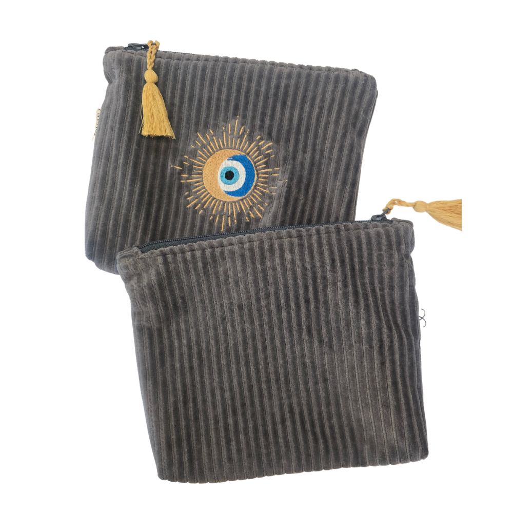 trousse femme nazar grise velour et brodé doré
