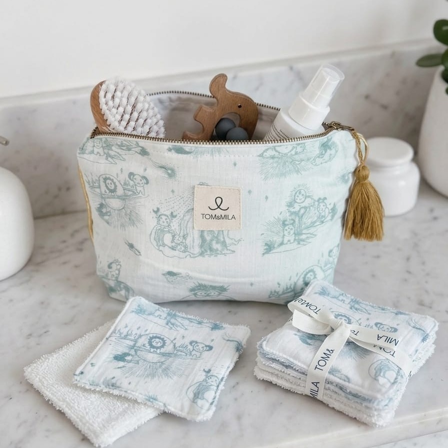 lingette et trousse de toilette toile de jouy bleue