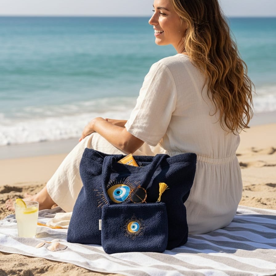 ensemble éponge bleu marine nazar sac cabas et pochette brodé