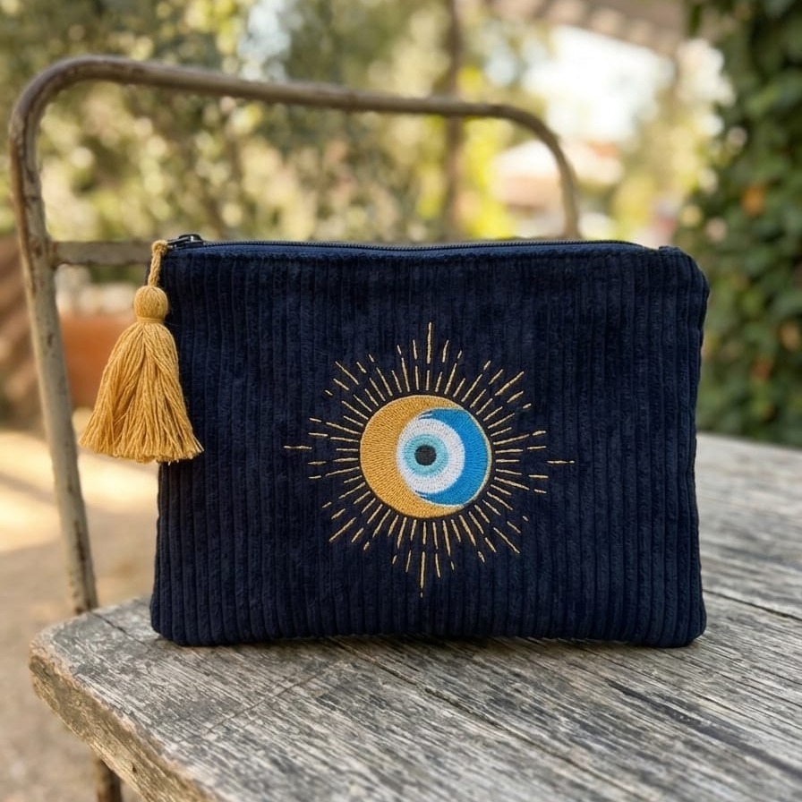 pochette bleu brodé velour