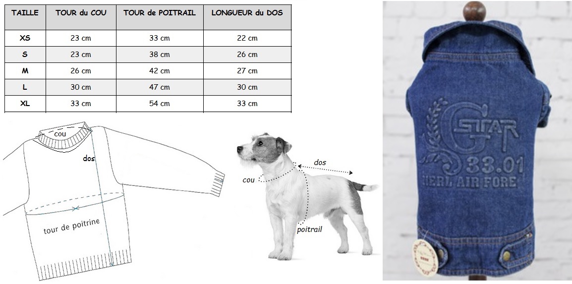 manteau en jean à relief pour chien taille