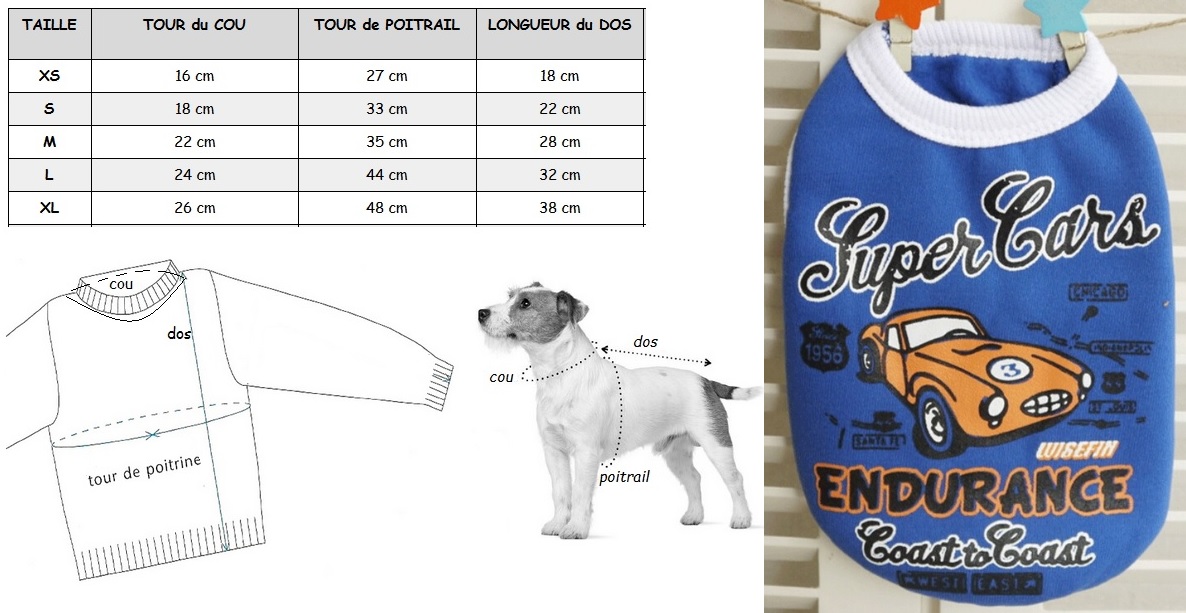 pull motif voiture bolide pour chien taille