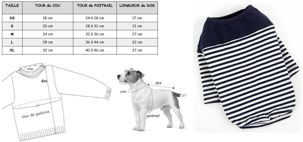 t-shirt marinière pour chien taille