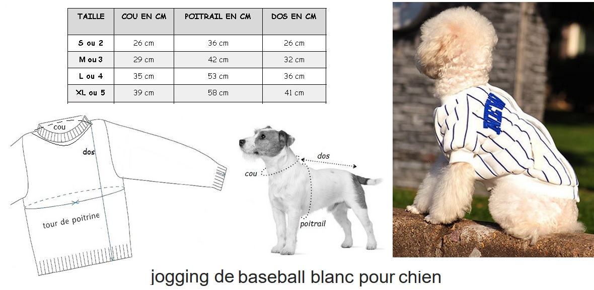 jogging de baseball blanc pour chien taille