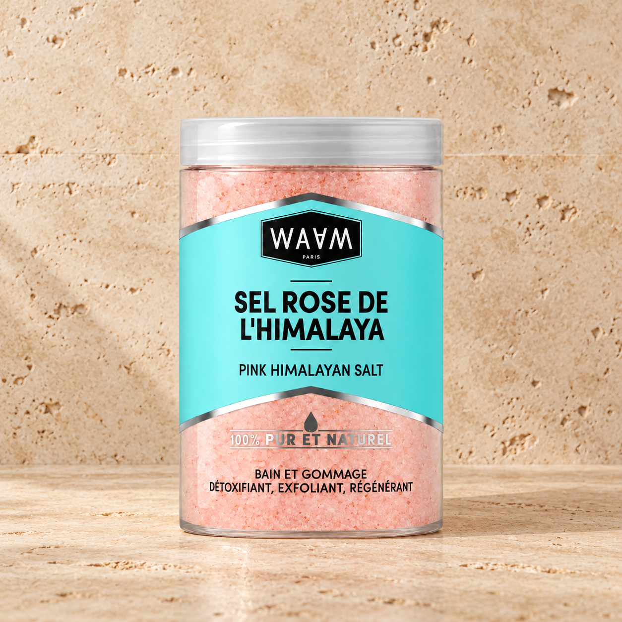 Sel rose sur travertin beige