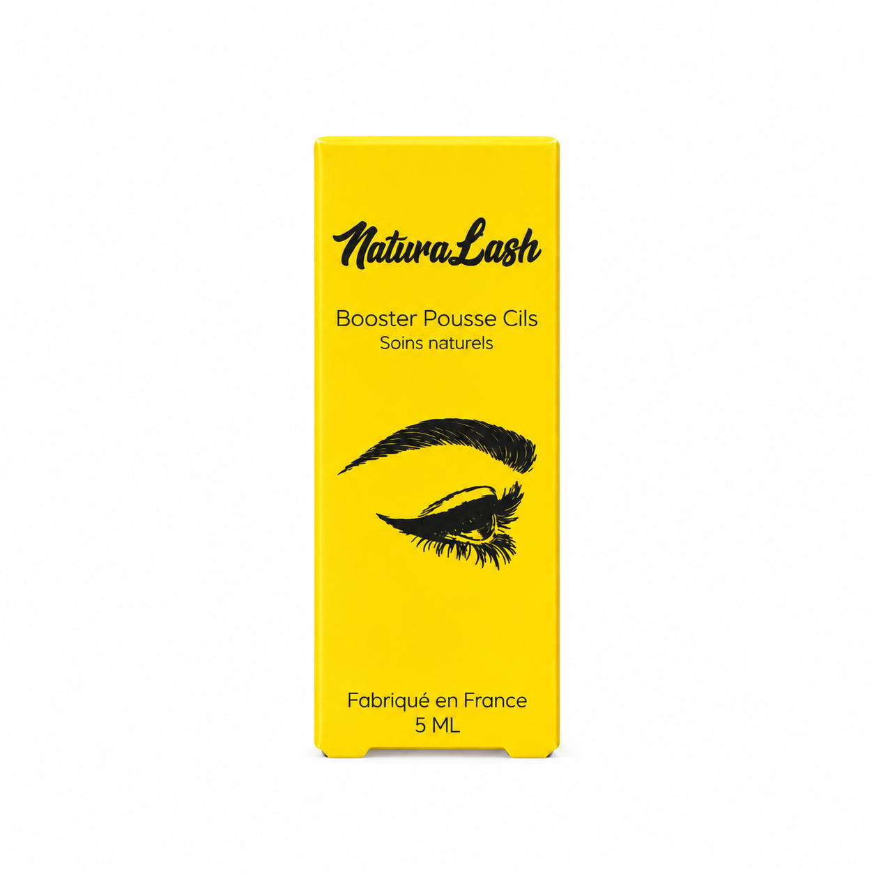 Emballage NaturaLash jaune sur fond blanc