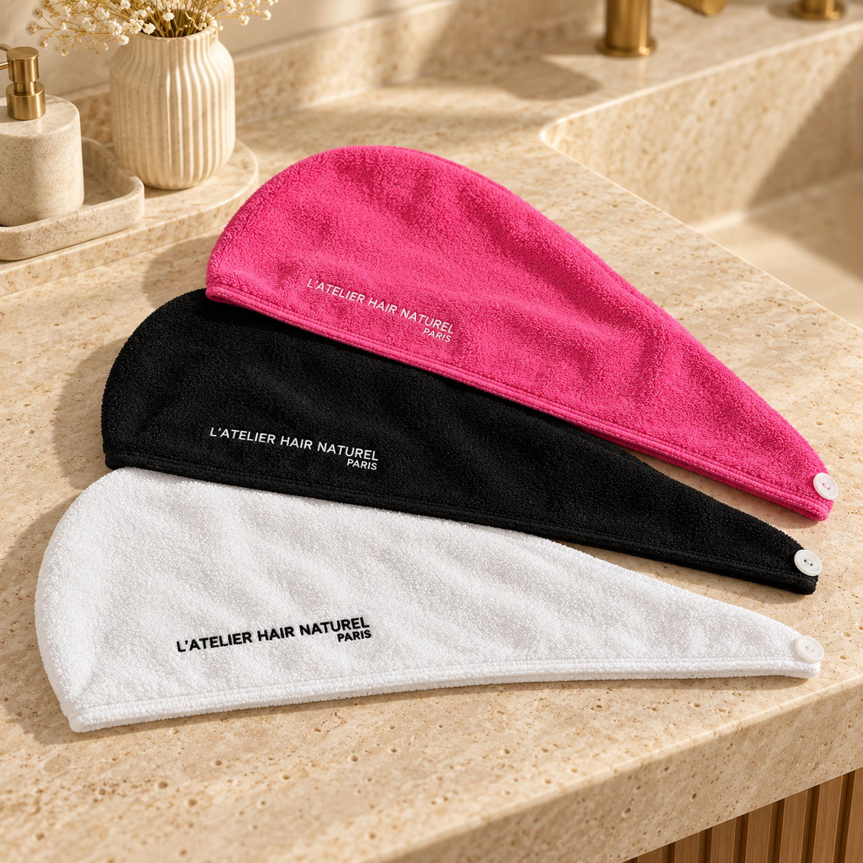 Trois turbans cheveux microfibre brodés