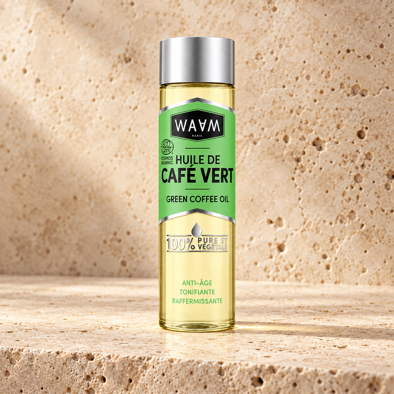 Huile de café vert sur travertin beige
