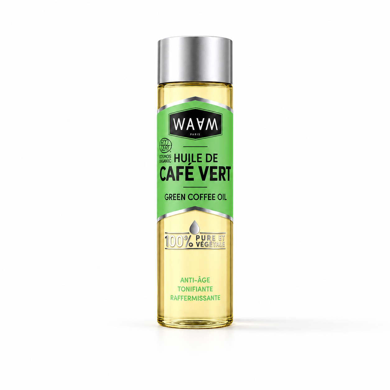 Huile de café vert sur fond blanc