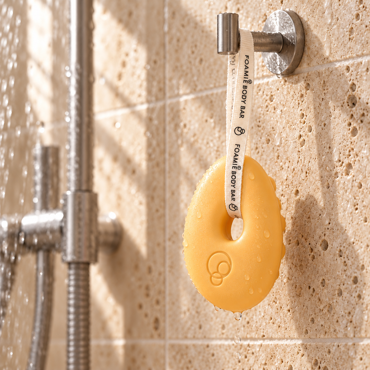Savon mangue suspendu sous la douche