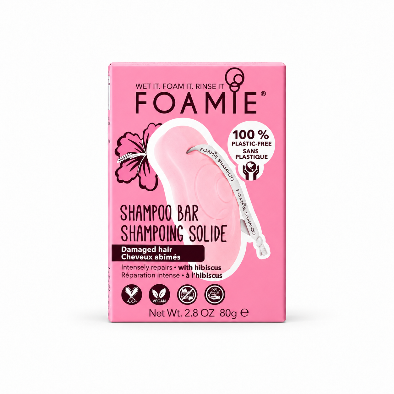 Boîte rose FOAMIE au shampoing hibiscus