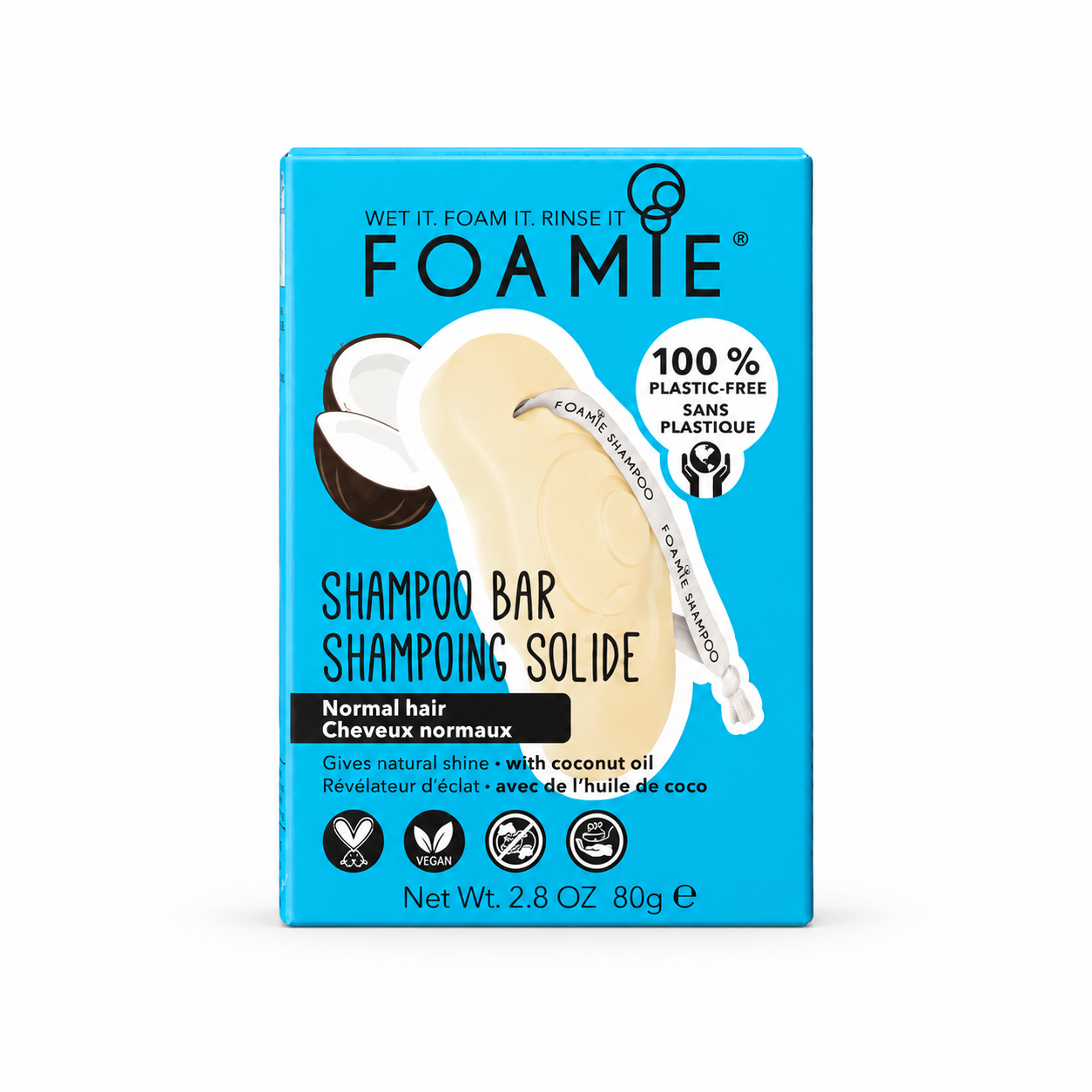 Boîte FOAMIE shampooing coco sur fond blanc