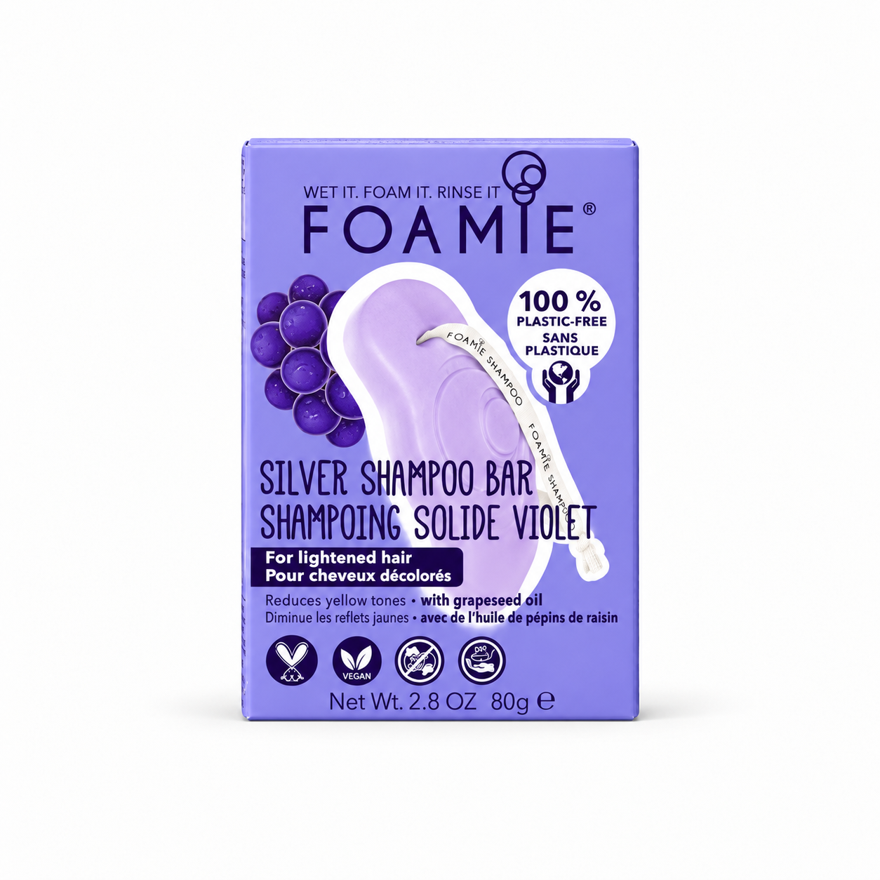 Boîte Foamie, shampoing solide violet