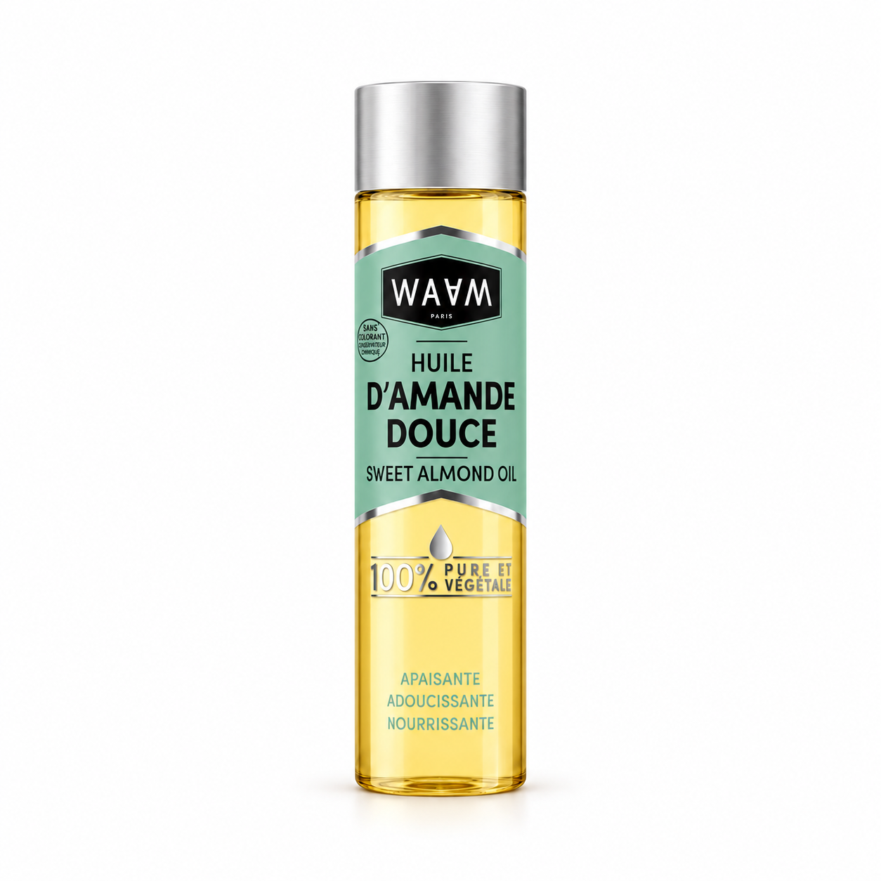 Flacon d’huile d’amande douce sur fond blanc