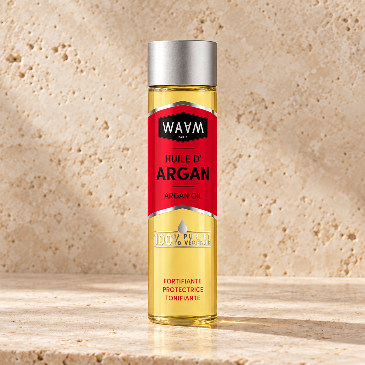 Huile d’argan sur travertin beige