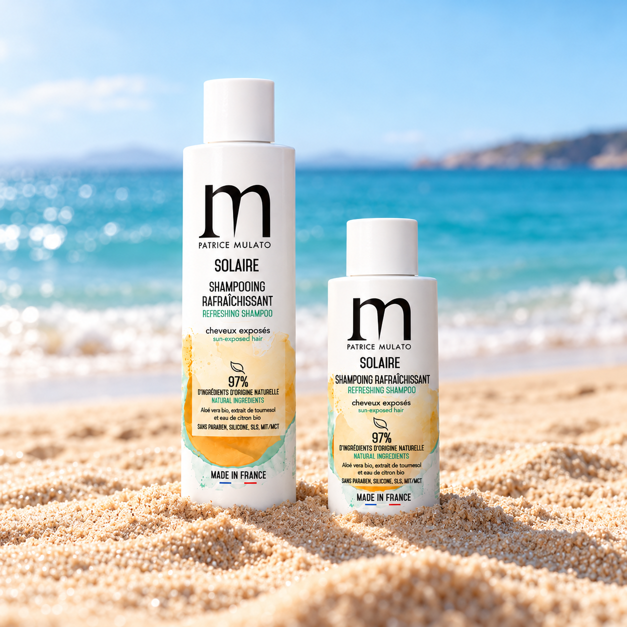 Duo de shampoings solaires sur le sable