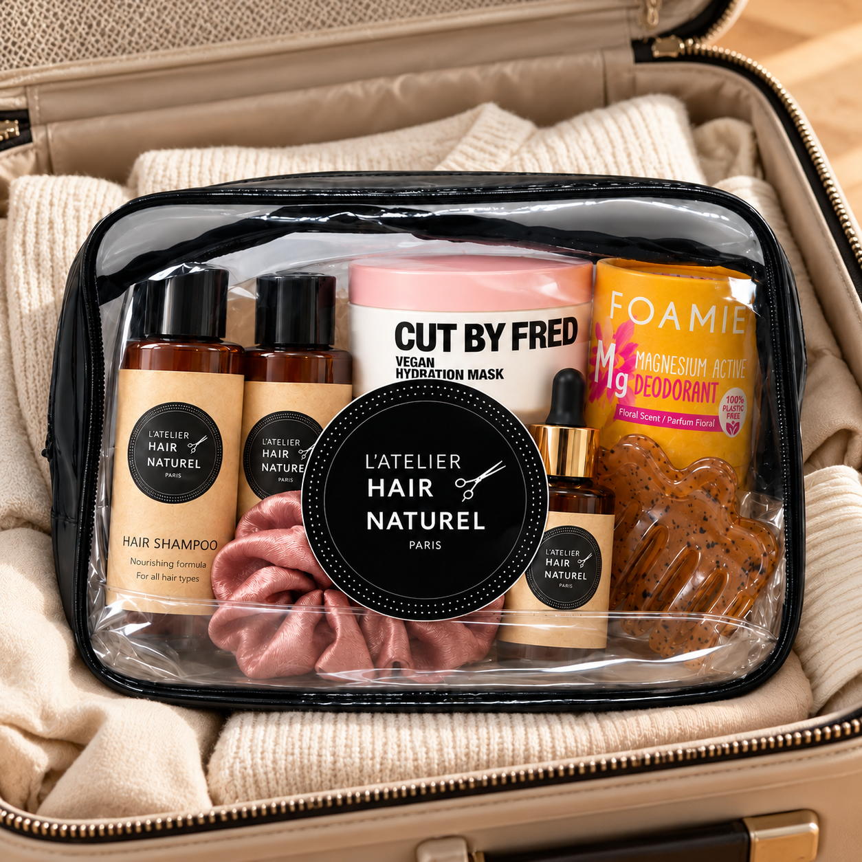 Trousse de toilette dans une valise ouverte
