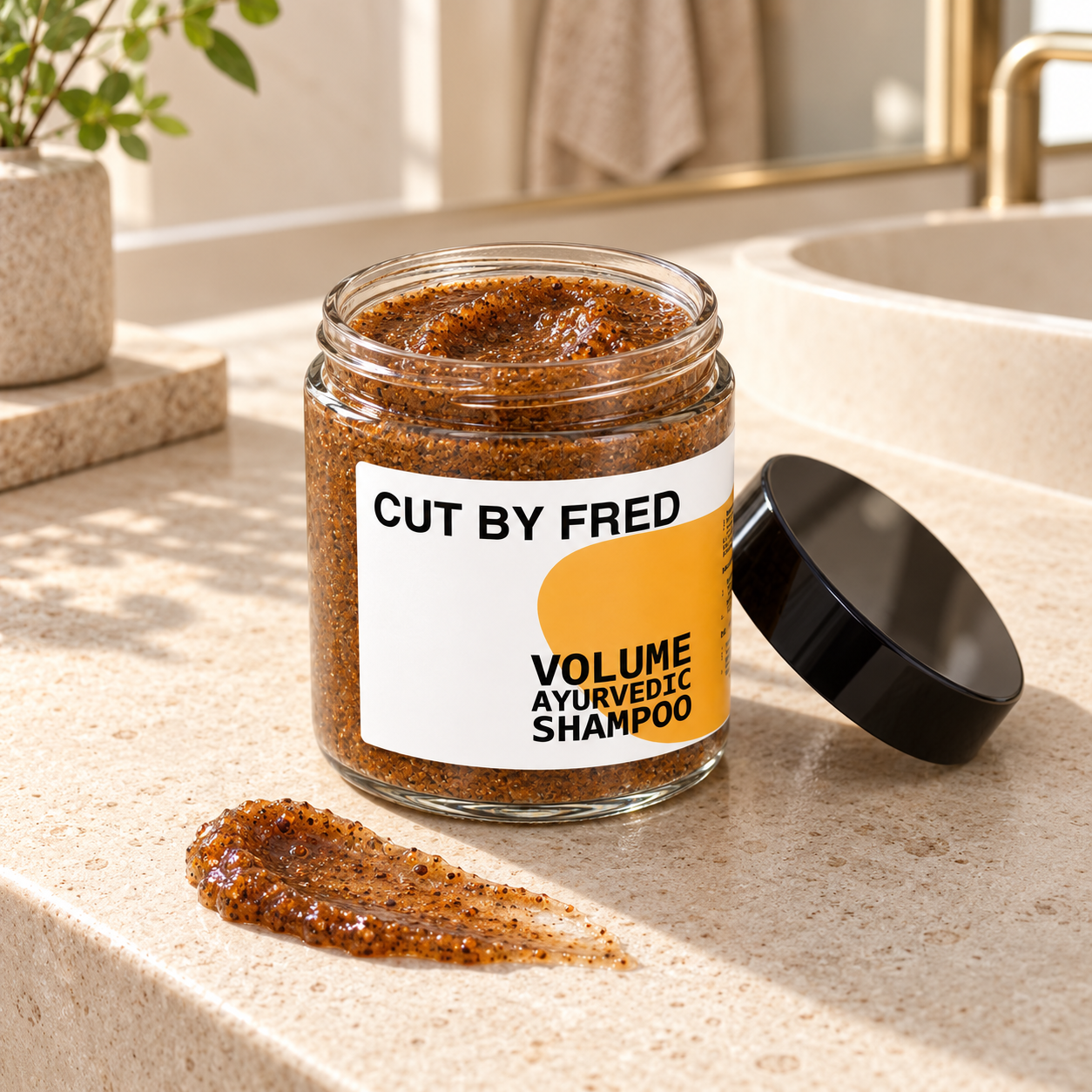Shampoing ayurvédique ouvert, texture brune
