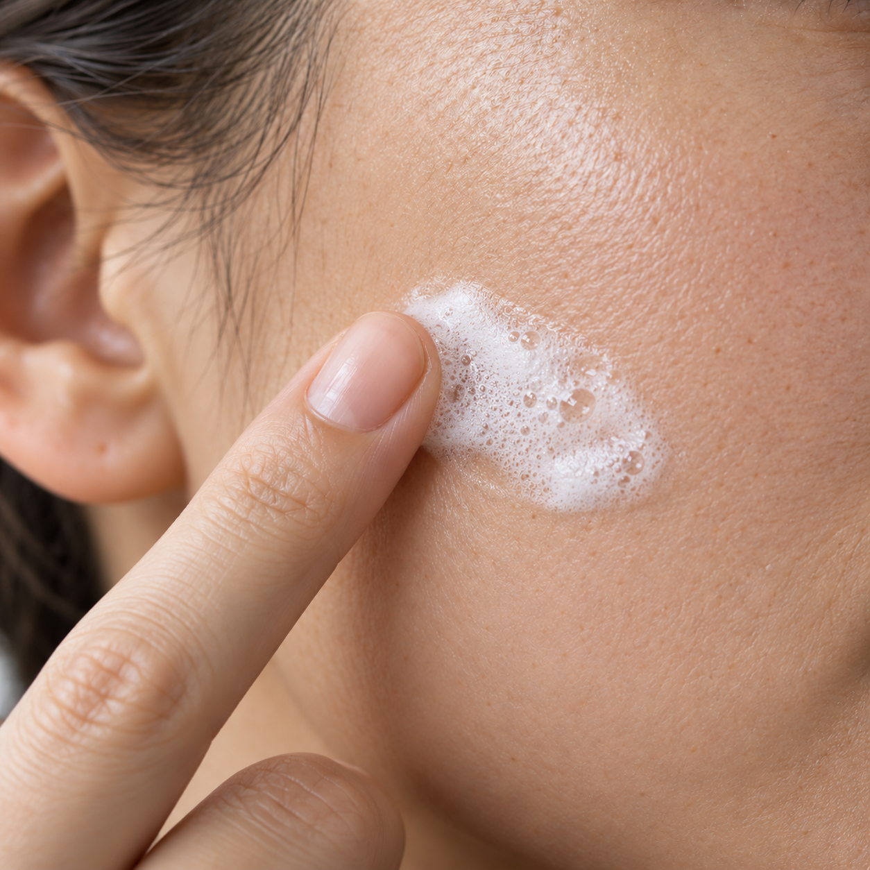 Mousse nettoyante blanche sur la joue