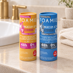 Deux déodorants Foamie sur une vasque beige