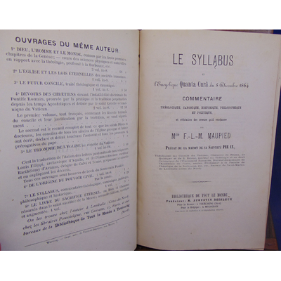 Maupied  : LE syllabus et l'encyclique Quanta Curâ du 8 décembre 1864. Commentaire théologique, canonique, his