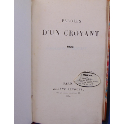 Lamennais  : Parole d'un croyant 1833. édition originale...