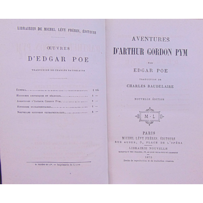Poe Edgar : Aventures d'Arthur Gordon Pym. 1875 Traduction de Charles Baudelaire...