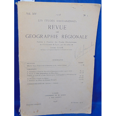 Velu  : 1938 Les études Rhodaniennes. Vol. XIV N°1. Villefranche en Beaujolais...
