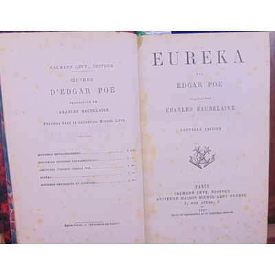 Poe Edgar : Eureka. Traduit par Charles Baudelaire 1887...
