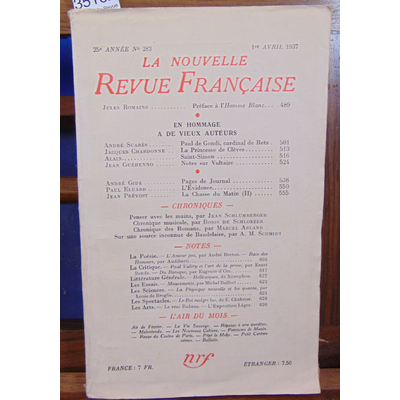 : La nouvelle Revue Française. N° 283 1er avril 1937...