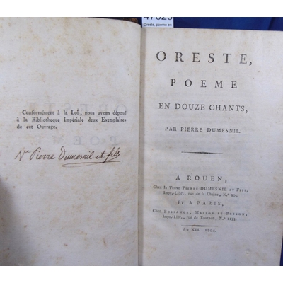 Dumesnil  : Oreste, poeme en douze chants...