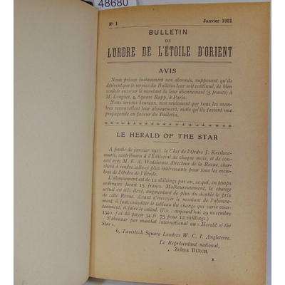 : Bulletin de l'ordre de l'etoile d'orient  janv. 1921 à Sept 1922...