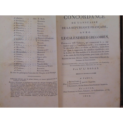 Rosaz  : concordance de l'annuaire de la république Française avec le calendrier Grégorien...