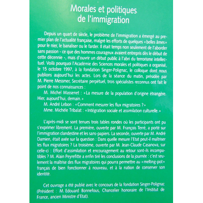 Dupaquier Jacques : Morales et politiques de l'immigration...