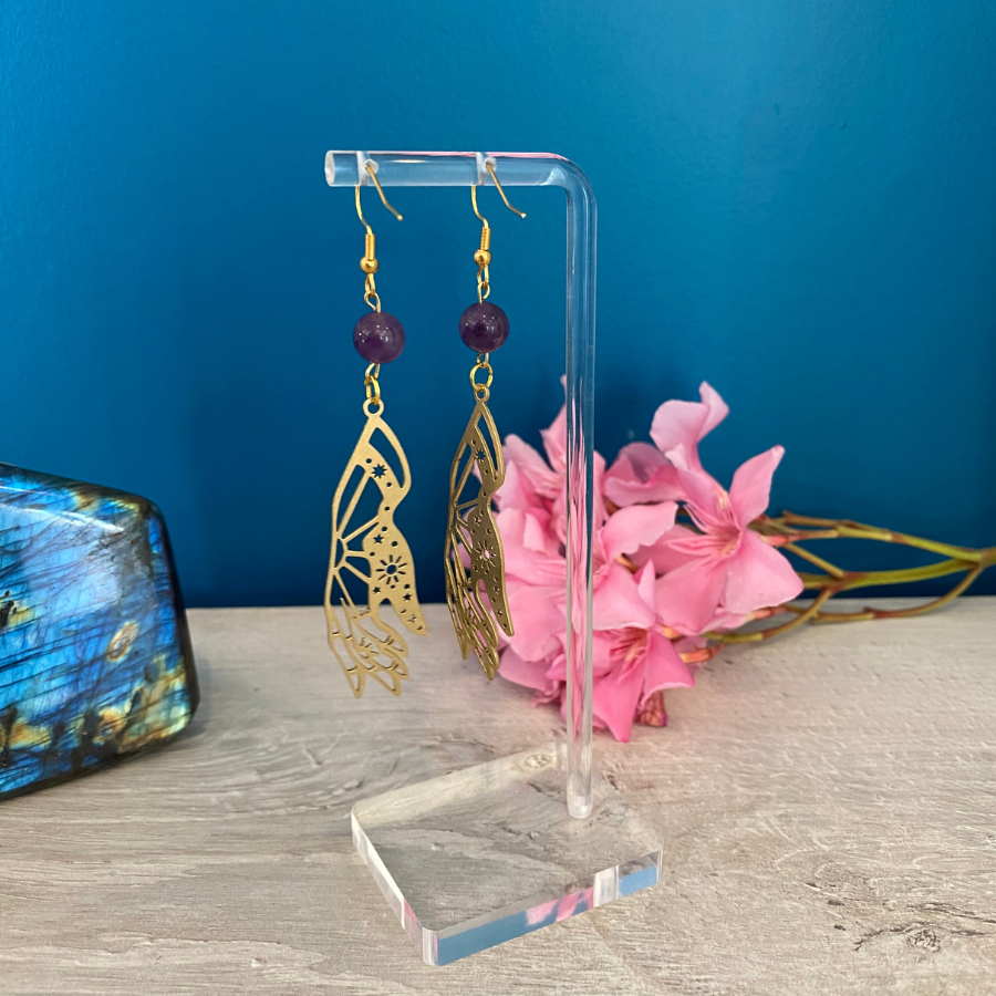 Boucles d\'oreilles Améthyste - Main Mystique - Acier chirurgical plaqué or