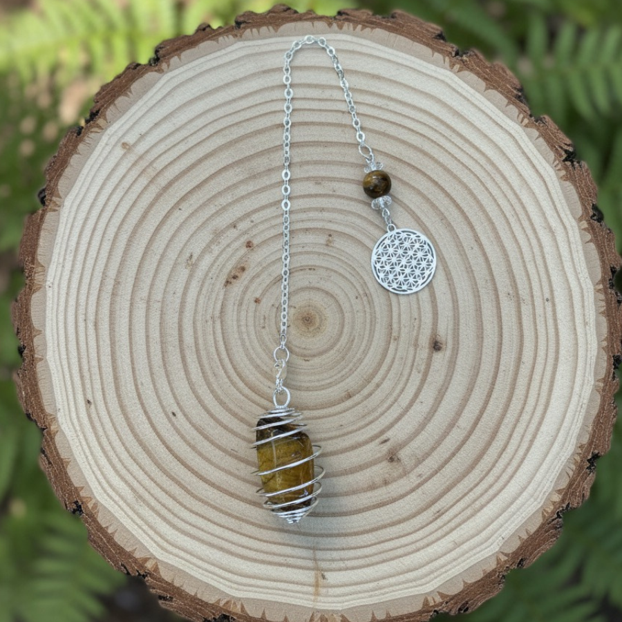 pendule-divinatoire-spirale-oeil-de-tigre-fleur-de-vie-creation-le-temple-d-heydines-boutique-esoterique-en-ligne-le-temple-d-heydines
