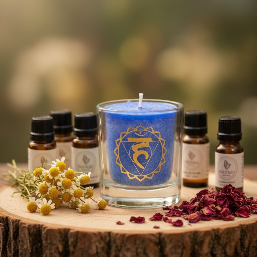 bougie-parfumee-huiles-essentielles-camomille-et-rose-marocaine-chakra-gorge-vishudda-boutique-esoterique-en-ligne-le-temple-d-heydines