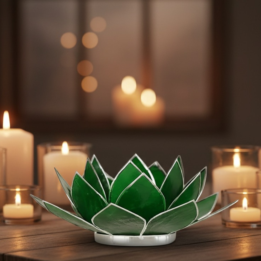 bougeoir-lotus-capiz-vert-et-argent-eclairage-d-ambiance-forme-lotus-metal-boutique-esoterique-en-ligne-le-temple-d-heydines