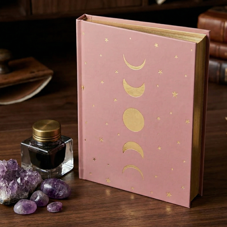 grimoire-carnet-de-notes-triple-lune-et-etoiles-rose-et-or-boutique-esoterique-en-ligne-le-temple-d-heydines