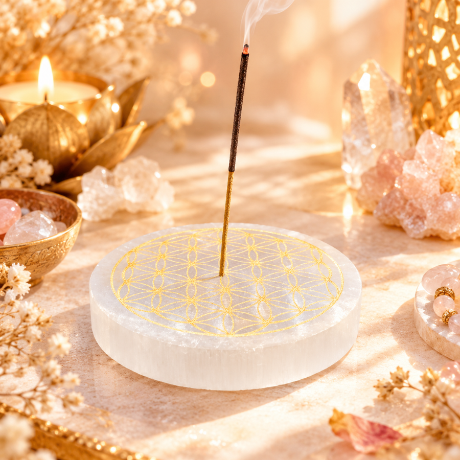 porte-encens-selenite-fleur-de-vie-or-10-centimetre-disque-de-rechargement-harmonisation-boutique-esoterique-le-temple-d-heydines