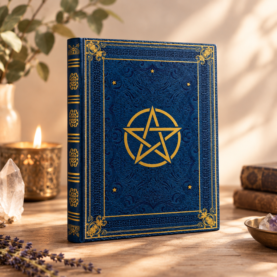 grimoire-pentagramme-bleu-et-or-similicuir-format-a5-boutique-esoterique-le-temple-d-heydines