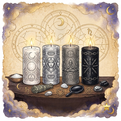 bougies de rituel protection et purification blanche grise noire et argente le temple d heydines