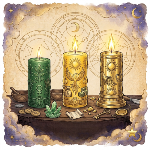 bougies de rituels prosperite et reussite jaune vert or le temple d heydines