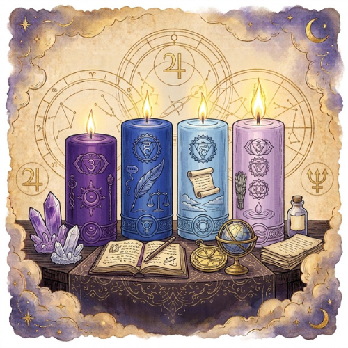 bougies de rituels spiritualite et intellect violet bleu ciel bleu roi lila le temple d heydines