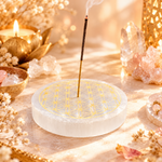 porte-encens-selenite-fleur-de-vie-or-10-centimetre-disque-de-rechargement-harmonisation-boutique-esoterique-le-temple-d-heydines