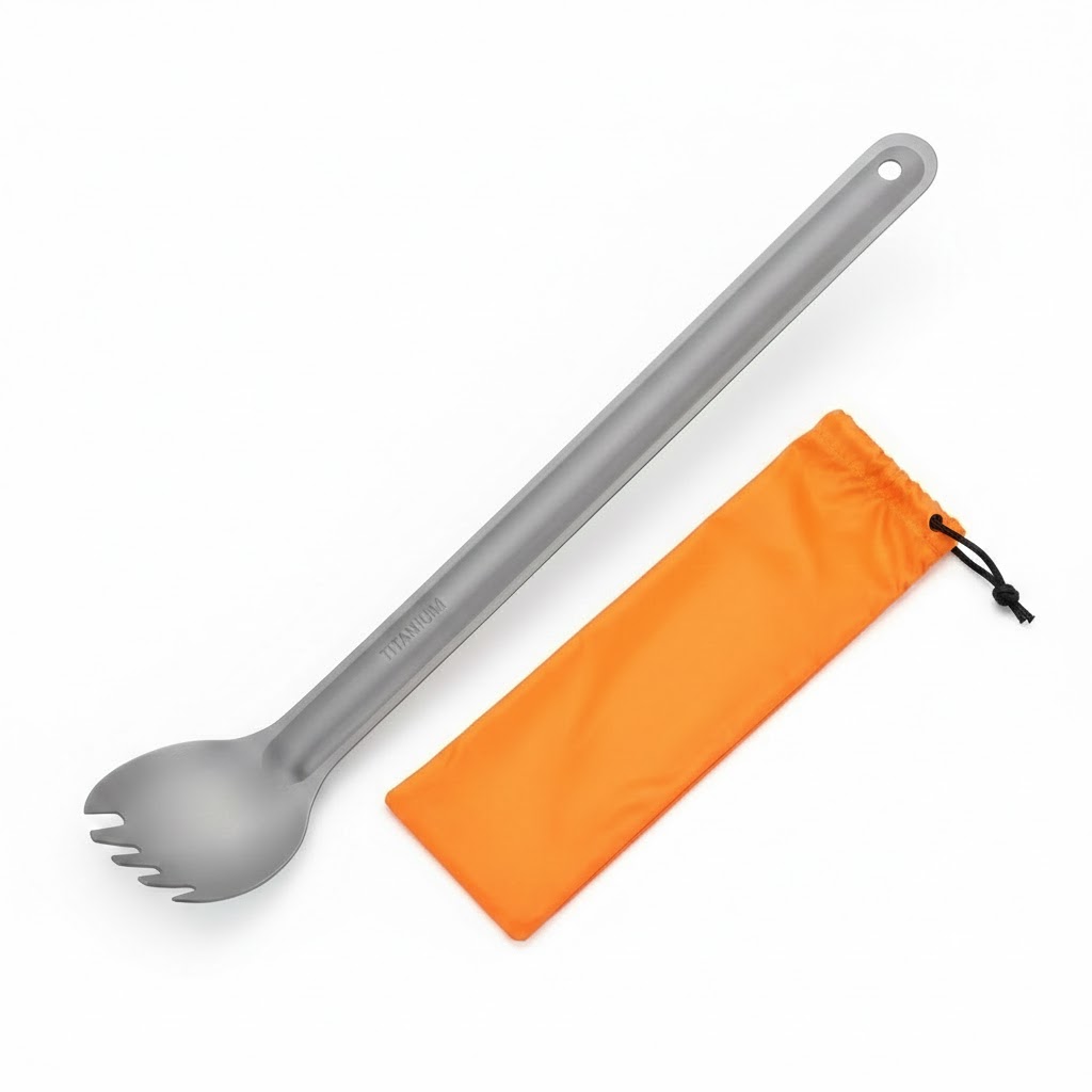 Cuillère-fourchette spork en titane gris pour randonnée avec sac de rangement orange