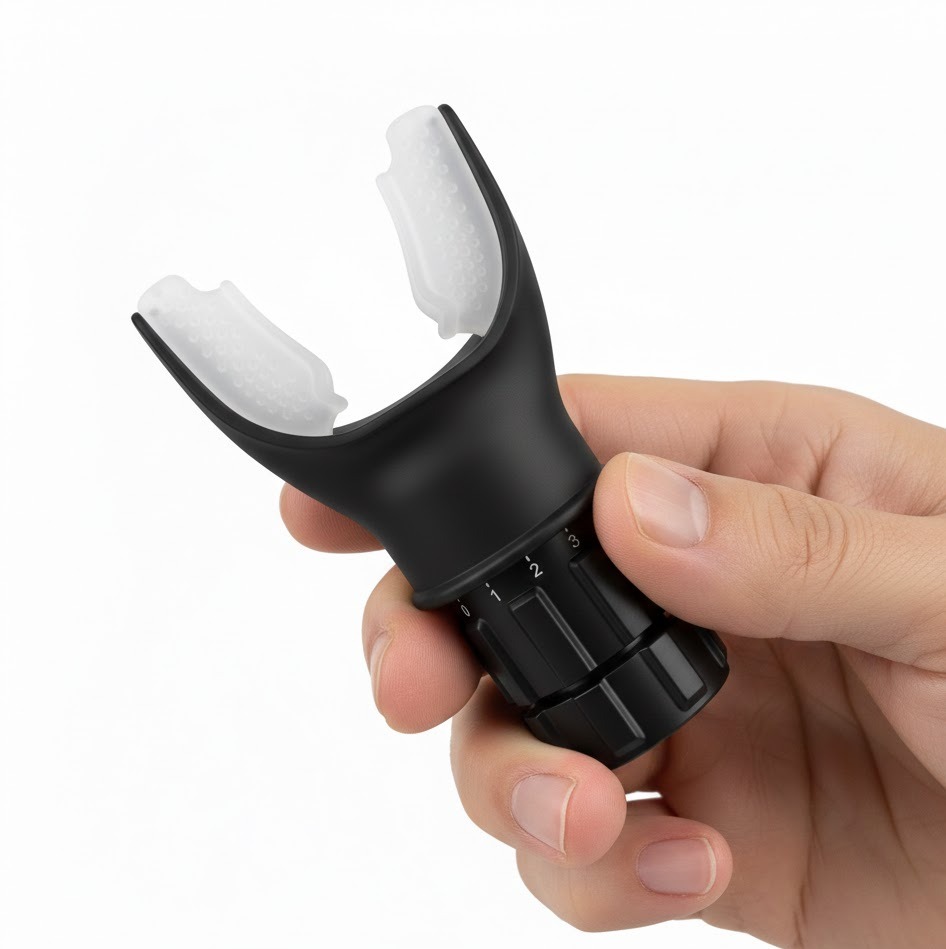 Appareil dexercice respiratoire Visaltitude tenu dans une main pour montrer sa taille compacte de 10cm, embout en silicone blanc et valve de réglage noire.