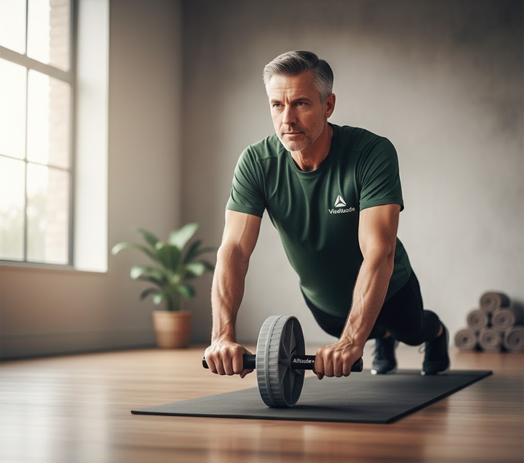 Homme de 50 ans pratiquant un exercice de gainage avec la roue abdominale silencieuse Visaltitude pour la préparation physique rando